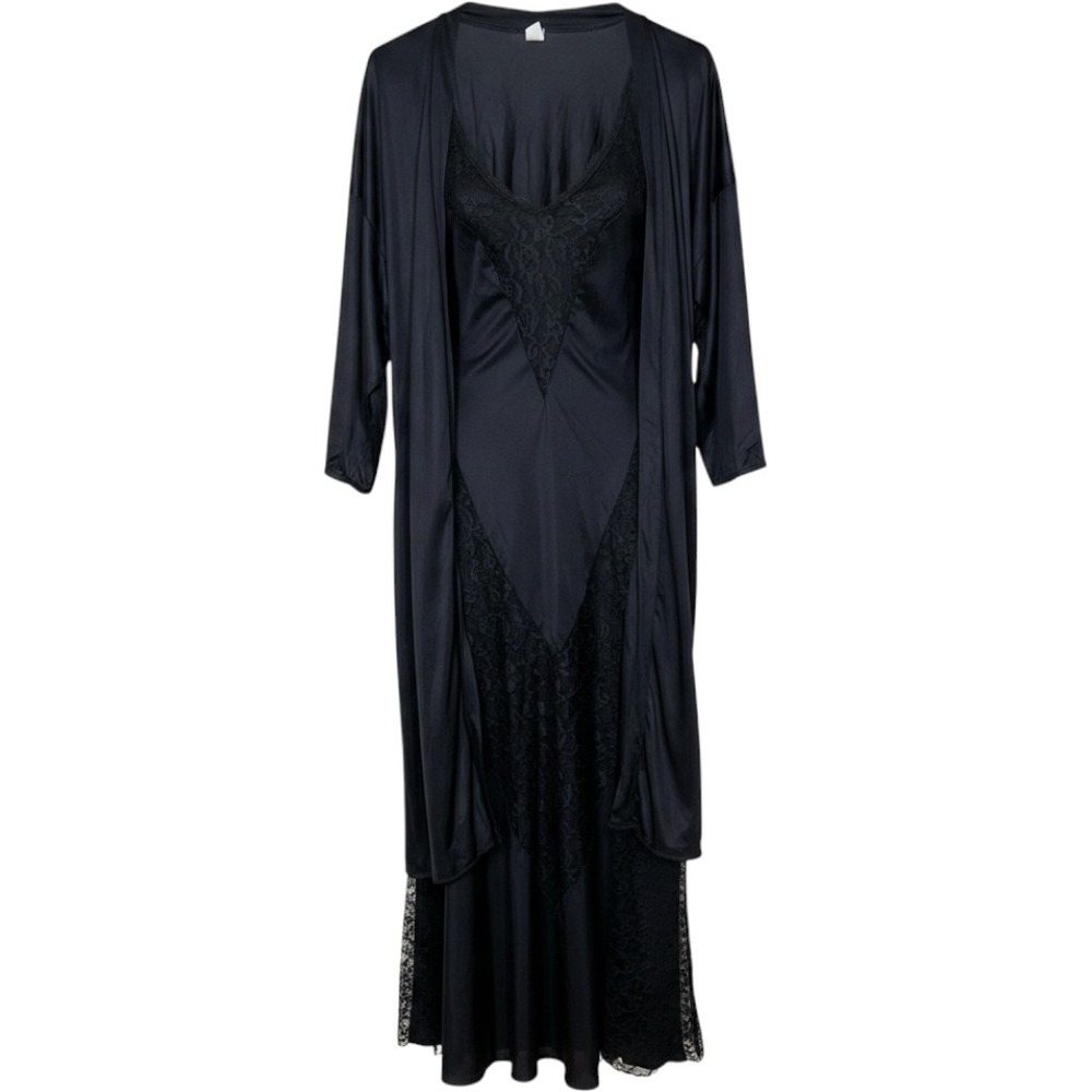 Petra Fashions Vintage Black Lace Trim Nightgown and Robe Set XL Made in USA